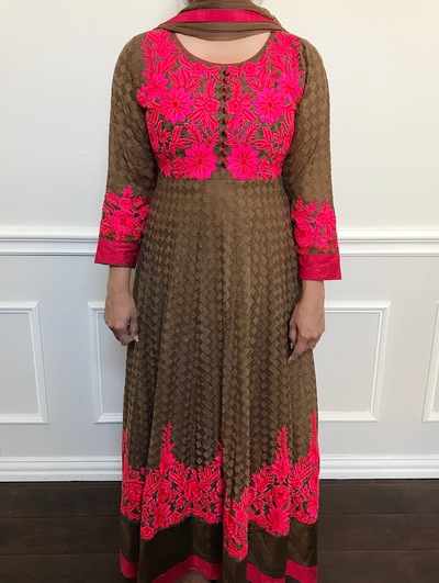 Brown Anarkali with Hot Pink Contrast Details