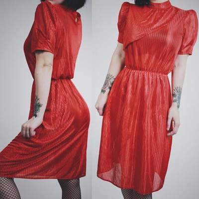 Available - the villain dress  - vintage 50s red striped satin day dress with pointed shoulders