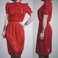 AVAILABLE - The Villain Dress  - Vintage 50s Red Striped Satin Day Dress with Pointed Shoulders - Thumbnail 1