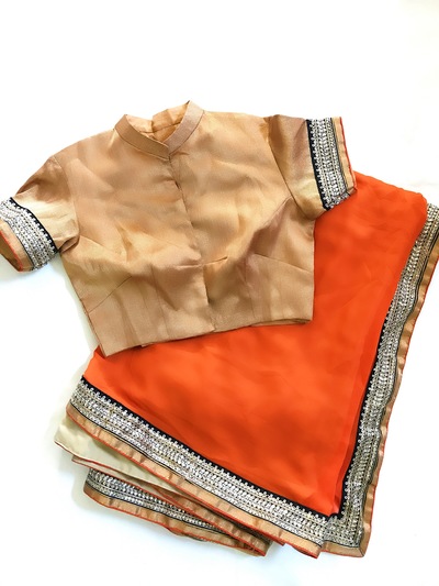 Orange & Gold Sari with High Collar Blouse