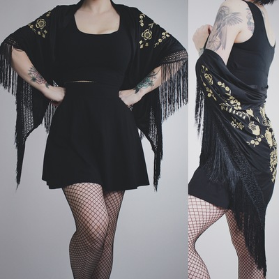 One left  -"stevie" vintage 70s black and gold floral embroidered fringe shawl