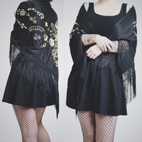 ONE LEFT  -"Stevie" Vintage 70s Black and Gold Floral Embroidered Fringe Shawl - Thumbnail 1