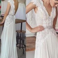 Elegant A line V neck lace wedding long prom dresses,15041505 - Thumbnail 1