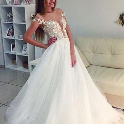 Unique a line white tulle long prom evening dresses,15040131