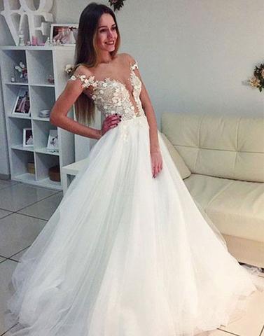 Unique A line white tulle long prom evening dresses,15040131