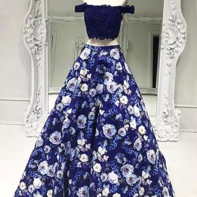 Gorgeous two pieces floral pattern long prom evening dresses,15041507