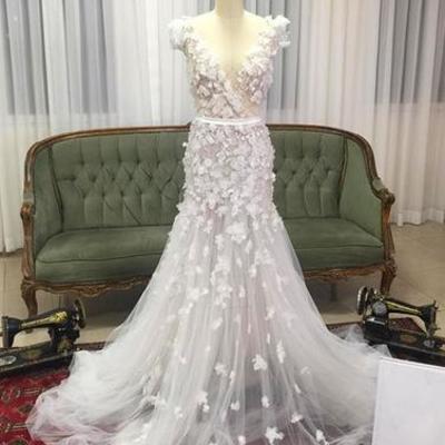 White tulle long prom dress, white long wedding dress,15041504