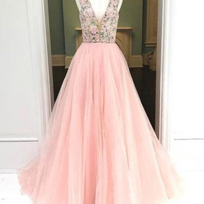 Unique pink v neck tulle prom evening dresses,15032605