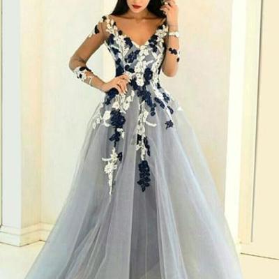 Gray a line tulle lace long prom dress, long sleeve evening dress,15051323 - Thumbnail 4