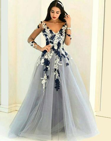 Gray A line tulle lace long prom dress, long sleeve evening dress,15051323