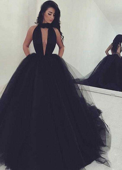 New Arrival Black Halter Backless Prom Dresses with Keyhole for Women