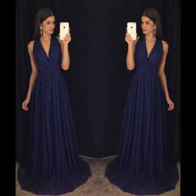 Elegant v neck halter royal blue backless prom dresses for women - Thumbnail 5