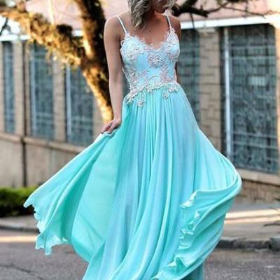 Blue a line chiffon lace long prom evening dresses,pd1701501