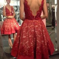 Cute A line v neck lace short prom homecoming dresses,PD3800210 - Thumbnail 1