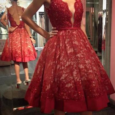 Cute a line v neck lace short prom homecoming dresses,pd3800210