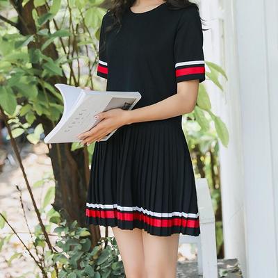 Stripe college style pleated dress
