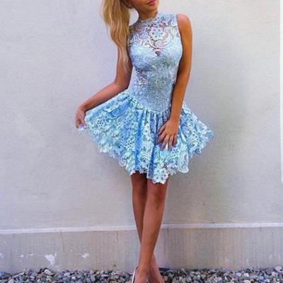 Cute a line round neck lace  short homecoming prom dresses,15051202