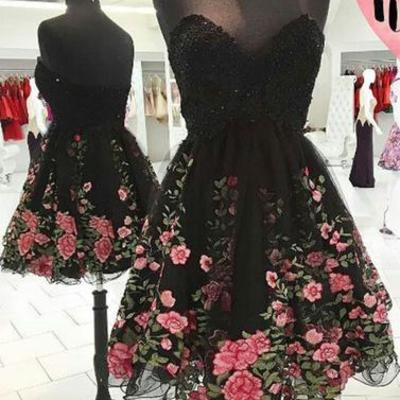 Charming black a line applique short prom dress, homecoming dress,15042704