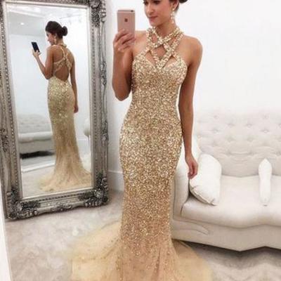 Champagne mermaid sequins long prom dress, evening dress,15042410