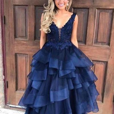 Dark blue v neck tulle lace long prom gown, lace evening dress,15042403