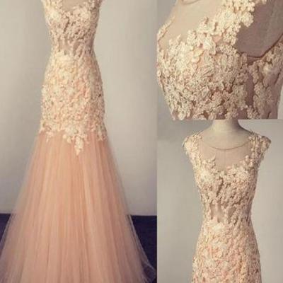 Champagne mermaid tulle lace long prom gown evening dress,15042405