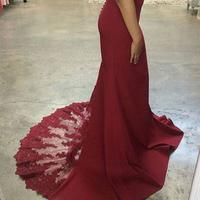 Burgundy lace off shoulder long prom dress, mermaid evening dresses,15041503 - Thumbnail 2