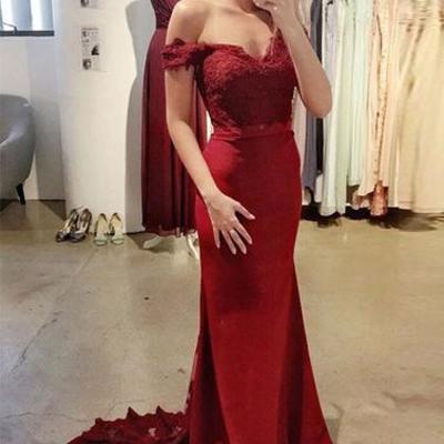 Burgundy lace off shoulder long prom dress, mermaid evening dresses,15041503 - Thumbnail 5