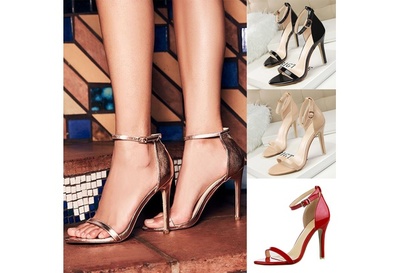 PU Leather High Heels Pumps Women Sequined Ankle Strap Dress Shoes Woman Open Toe Pumps Fashion