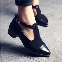 Women Heels Retro Ladies Shoes Women High Heels Wood Chunky Heel Pointed Toe High Heels T-Strap Solid Women Pumps - Thumbnail 2