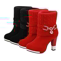 Women Winter Cotton Boots, Female Boot With High Heels (Color: Black,Red) - Thumbnail 3