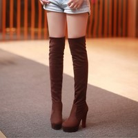 women shoes Red Bottom Suede Womens Thigh High Boots Platform Chunky Thick Heels Sexy Fashion Over - Thumbnail 2