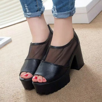 Gladiator Sandals Fashion Mesh Patchwork Open Toe Thick High Heels Sandals - Thumbnail 2