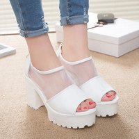 Gladiator Sandals Fashion Mesh Patchwork Open Toe Thick High Heels Sandals - Thumbnail 4