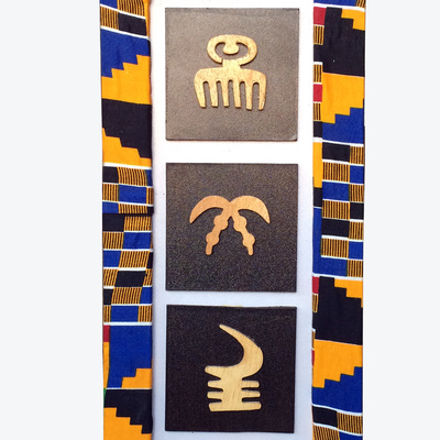 Vintage hand carved kente african ghana adinkra symbols decorative wall frame