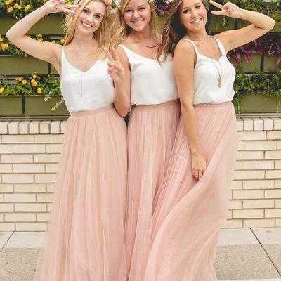 Elegant two piece tulle pink bridesmaid dresses wedding party dresses - Thumbnail 5