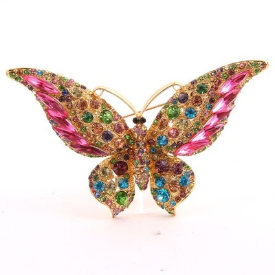 Gold w/Light Multi-Color Pave Butterfly Brooch 
