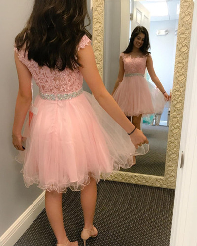 Pink A line lace short prom dress, pink homecoming dresses