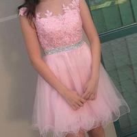 Pink A line lace short prom dress, pink homecoming dresses - Thumbnail 1