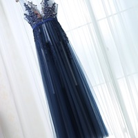 Hot Selling Dark Royal Blue Tulle Long Prom Dresses with Appliques for Women - Thumbnail 1
