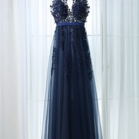 Hot Selling Dark Royal Blue Tulle Long Prom Dresses with Appliques for Women - Thumbnail 2