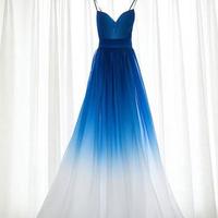 Simple gradient color v neck chiffon long prom dress, evening dress - Thumbnail 1