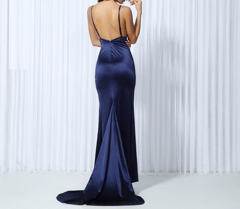 Navy Maxi Slit Elegant Silk Satin With Back Tail