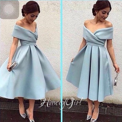 New arrival off the shoulder satin light blue prom homecoming dresses for women - Thumbnail 5