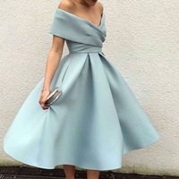 New Arrival Off the Shoulder Satin Light Blue Prom Homecoming Dresses for Women - Thumbnail 1
