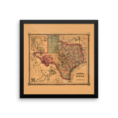 Framed 1866 schonberg map of texas