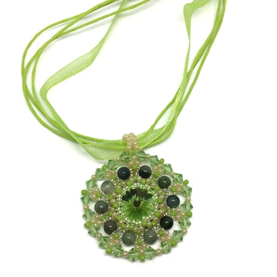 August Green Peridot Color Crystal With Jasper Accents Woven Pendant