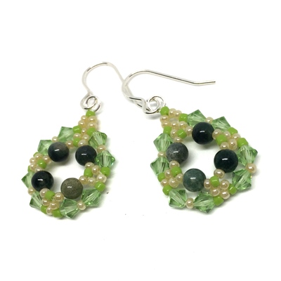 Jasper natural stone and peridot green color crystal earrings on sterling silver ear hooks