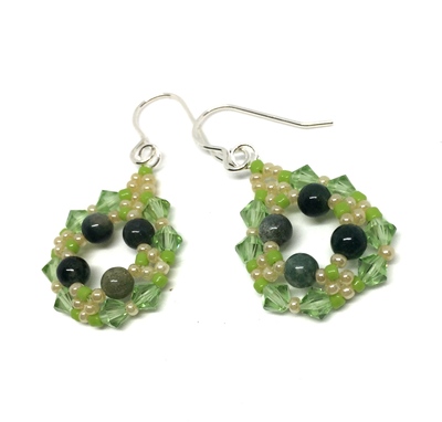 Jasper Natural Stone and Peridot Green Color Crystal Earrings on Sterling Silver Ear Hooks
