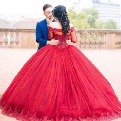 New arrival off the shoulder dark red ball gowns prom dresses with appliques  - Thumbnail 5