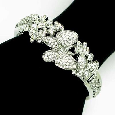 Silver w/clear austrian crystal butterfly open bangle bracelet 